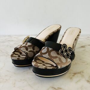 COACH Geri Black Brown Logo Print Canvas Wedge Heel Platform Sandals - US 8.5